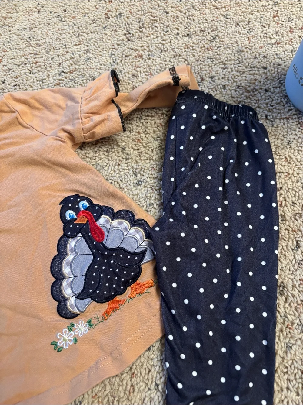 Mud Pie Girls Tan Turkey Top & Navy Polka Dot Pajama Set